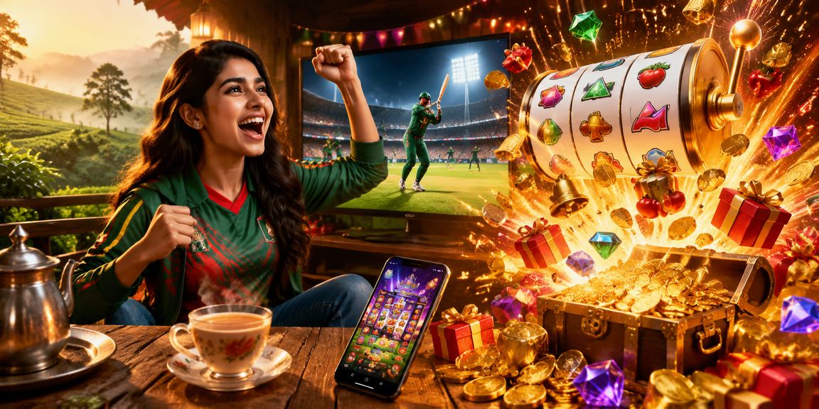 সিলেটের চা বাগানের পটভূমিতে মোবাইলে rajbetbet88 অ্যাপে ক্রিকেট বেটিং করছেন একজন ব্যবহারকারী